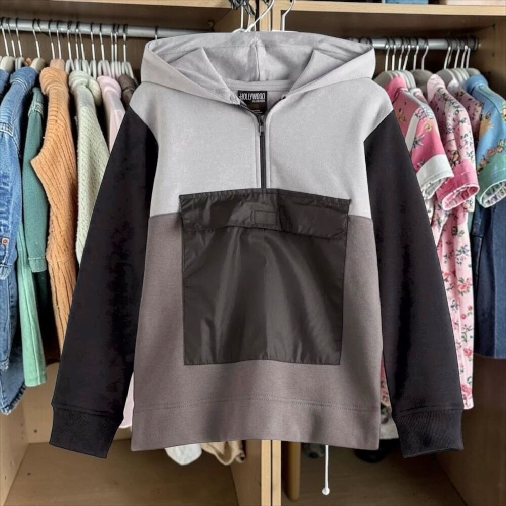 Hollywood The Jean People Boys M Colorblock Hoodie Black Gray Pullover EUC